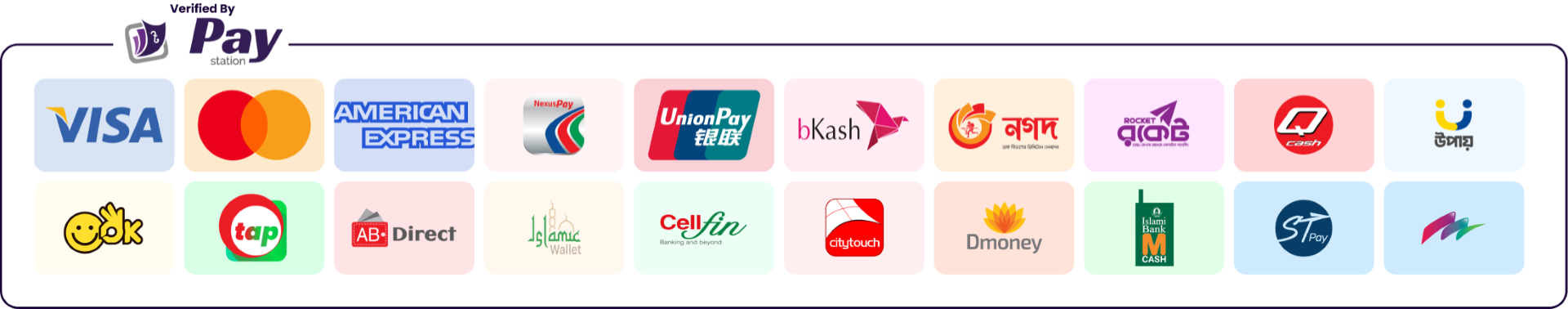 Accepted payment methods: Visa, Mastercard, American Express, NexusPay, UnionPay, bKash, Nagad, Rocket, Q Cash, Upay, OK Wallet, Tap, AB Direct, Islamic Wallet, Cellfin, City Touch, Dmoney, Islami Bank MCash, ST Pay